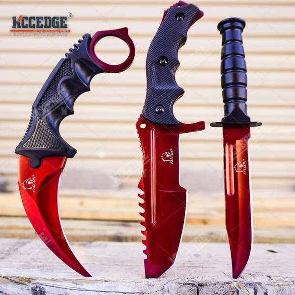 MTech Red Fixed Blade Knife Set | Karambit, Huntsman & Combat
